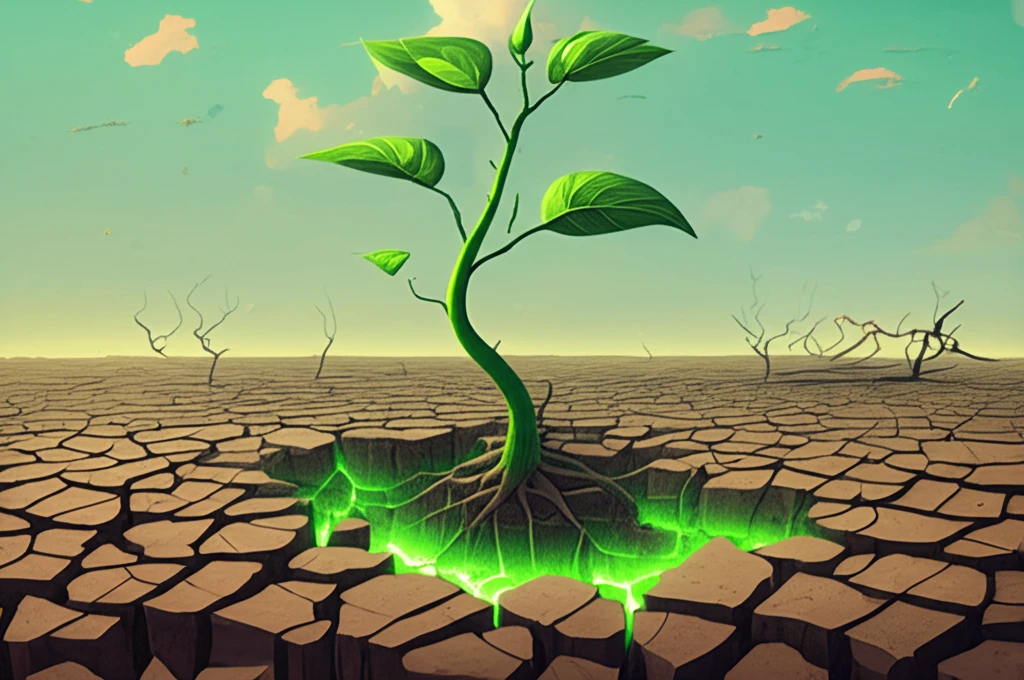 Surreal illustration of cracked earth with a glowing plant symbolizing arsenic remediation.