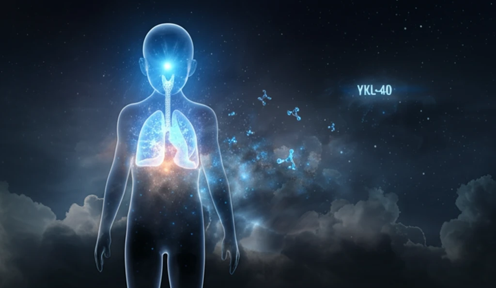 Surreal illustration of a child's silhouette filled with glowing lungs and floating YKL-40 molecules.