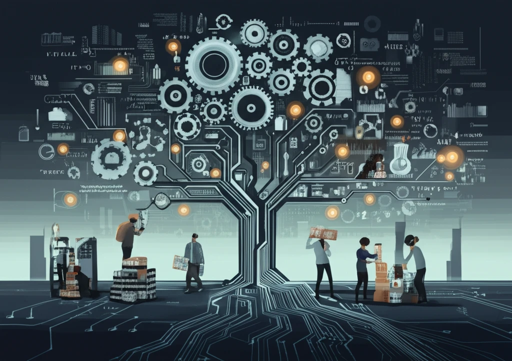 Interconnected gears and circuits forming a tree of knowledge, symbolizing STEM education.