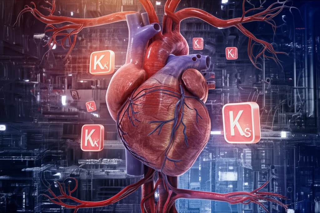 Digital illustration of a heart intertwined with potassium symbols, representing the importance of potassium in heart health.