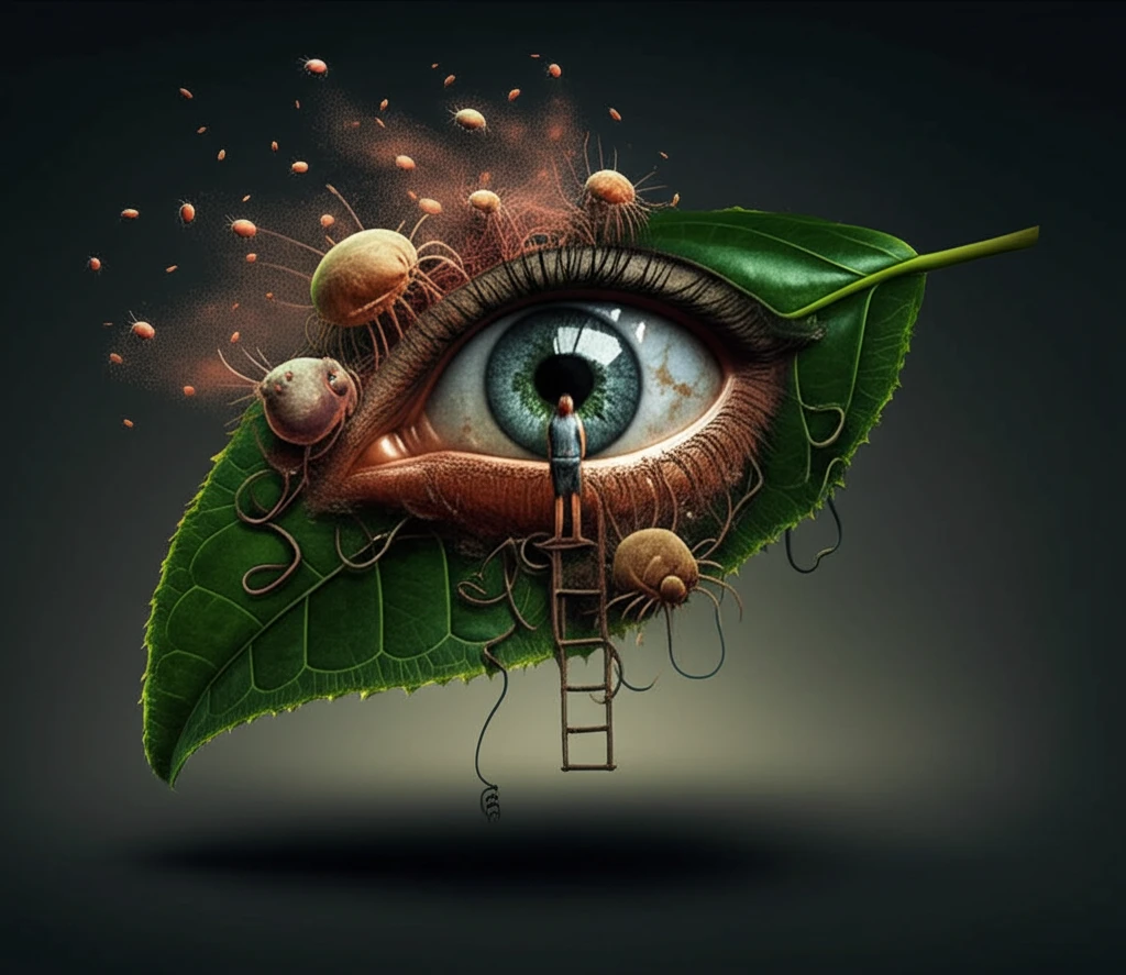 Tea Tree Oil Relief for Itchy Eyelids: A surreal image of a tea tree leaf cradling an eye.