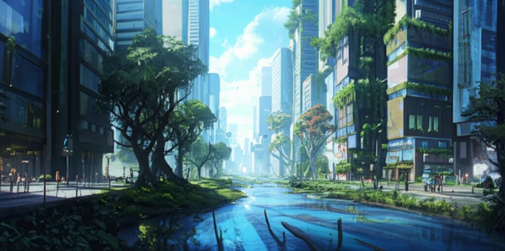 A thriving compact green city where buildings and nature coexist harmoniously.