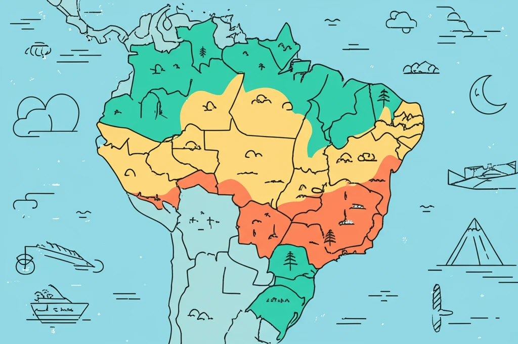 A surreal map of Brazil transforming into different climate zones based on the Köppen climate classification.