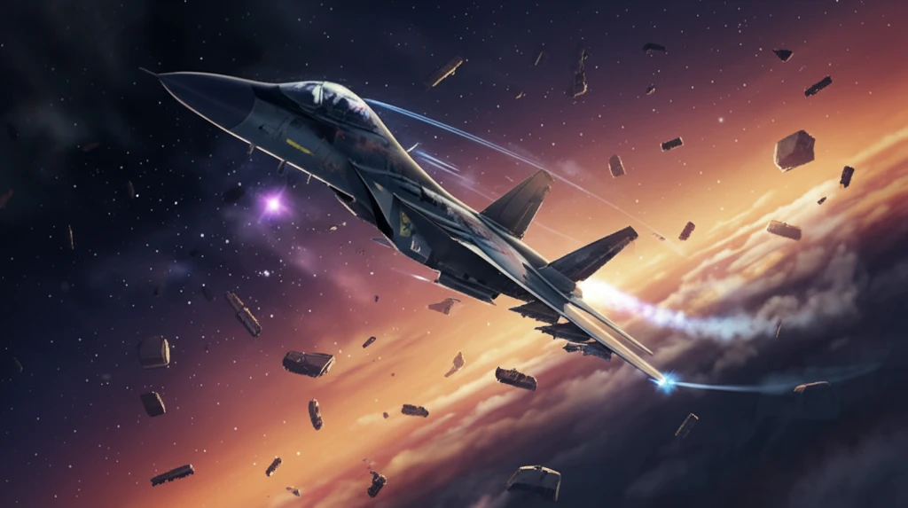 Fighter aircraft executing a complex maneuver with stylized clouds in background.