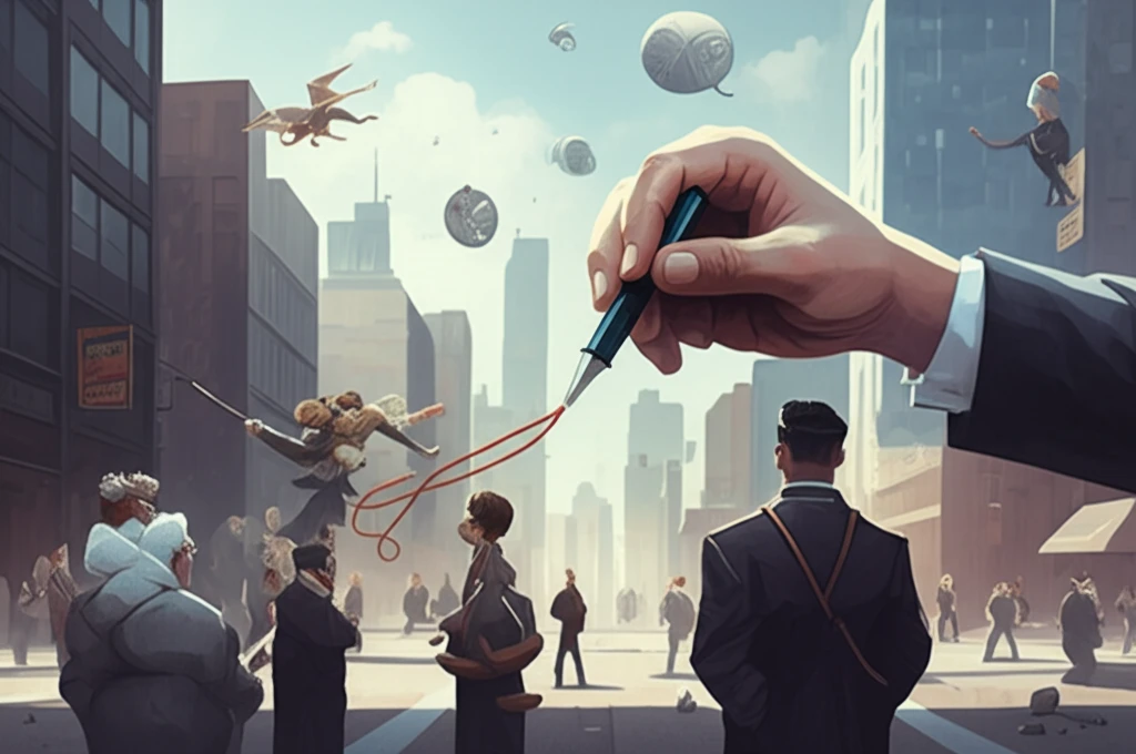 Political cartoon influencing a city street, symbolizing media impact on public opinion.
