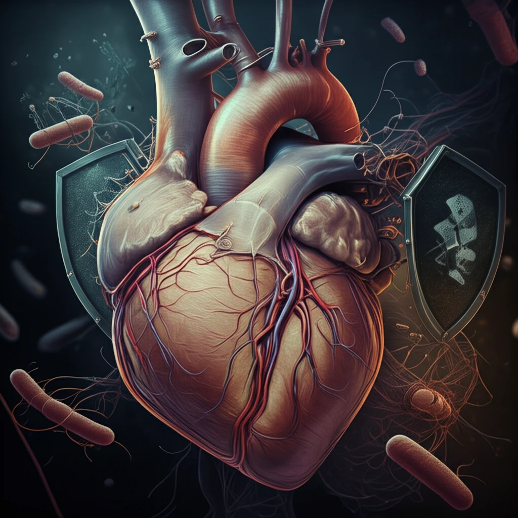 Surreal illustration of a heart with a valve implant, representing endocarditis prevention.