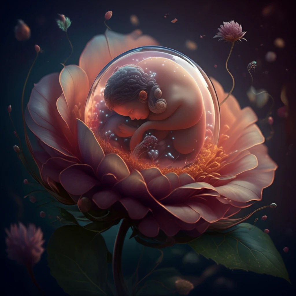 Symbolic image of fertility: A blooming flower cradling a human embryo.