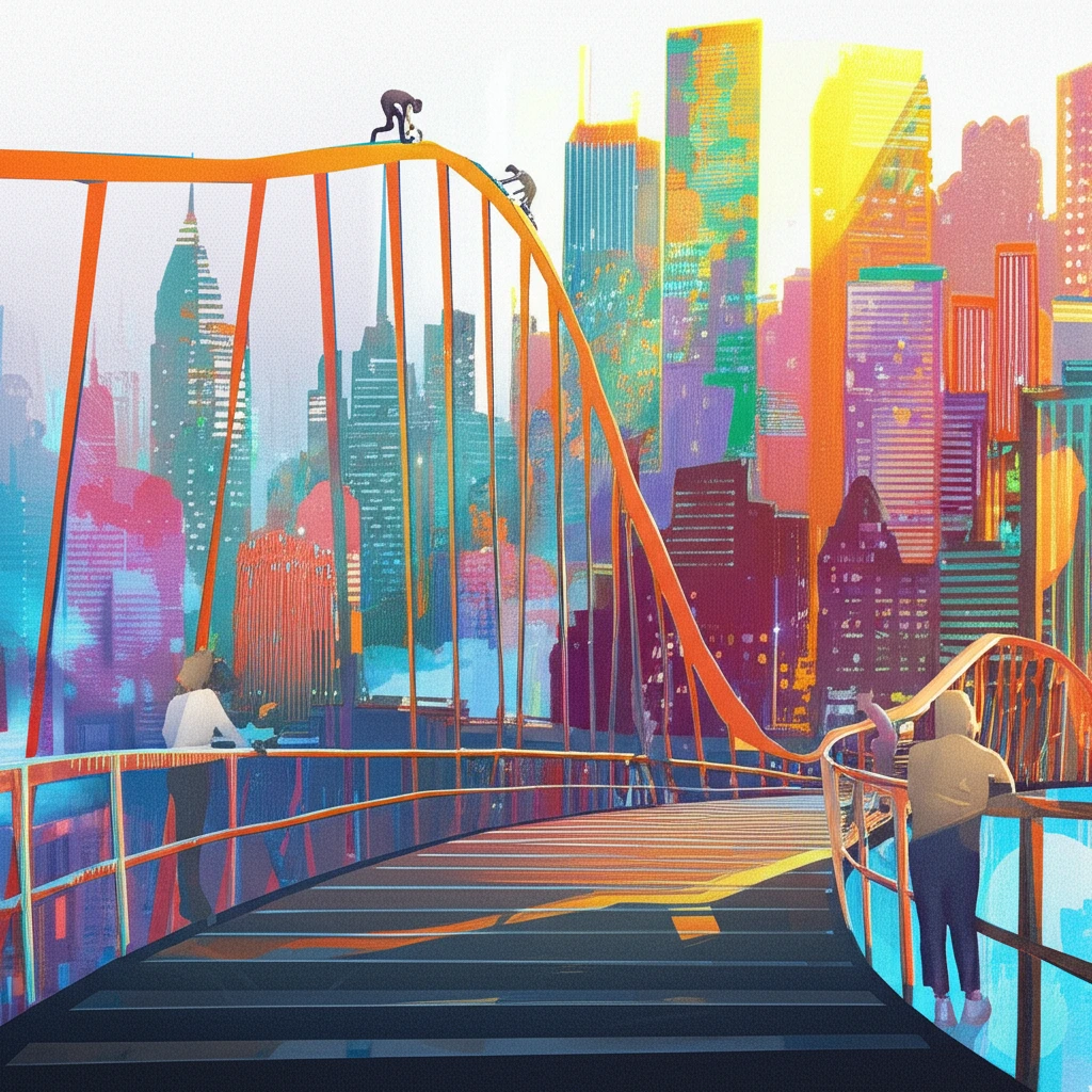 Diverse community collaboratively building a bridge towards mental well-being.