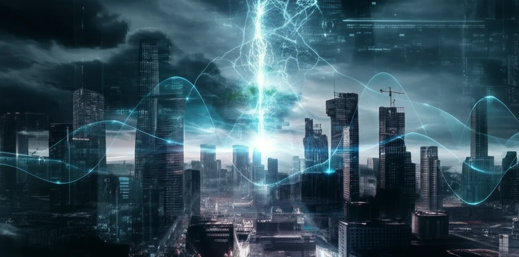 Surreal illustration of tera-hertz waves converging on a futuristic city, representing technological innovation.