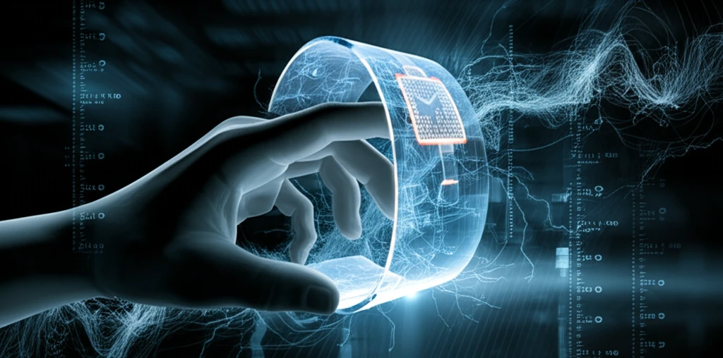 Flexible, translucent device bending, displaying soft internal light with abstract circuit background, symbolizes the power of piezopotential.