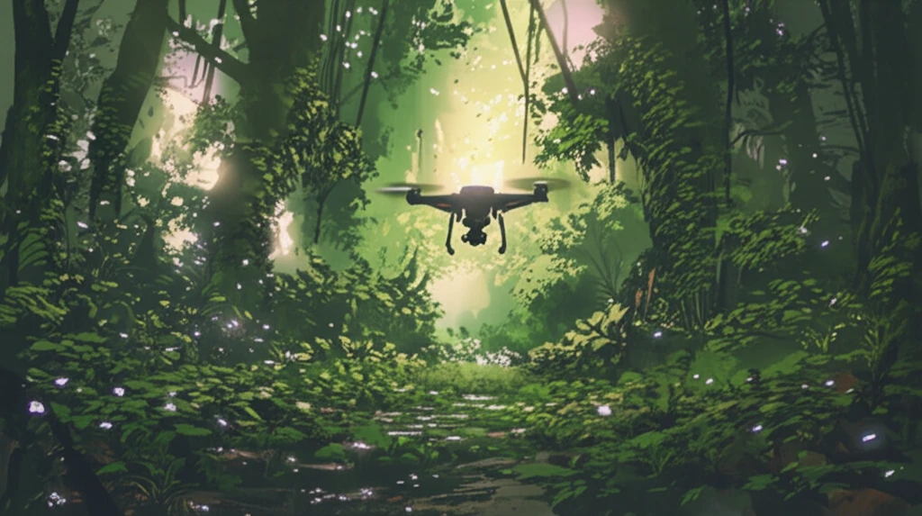 Drone capturing images of endangered plants in a lush forest.