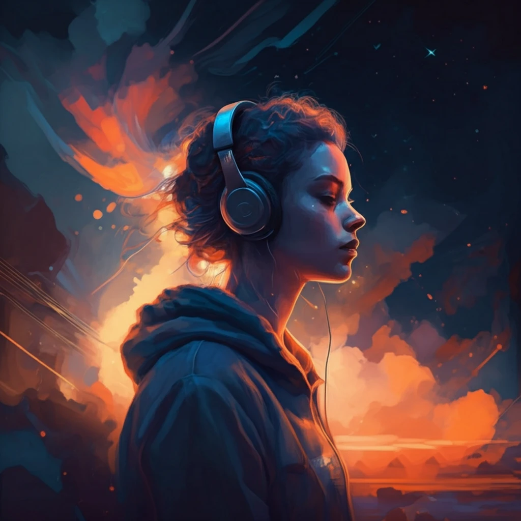 Person listening to music with emotions visualized.