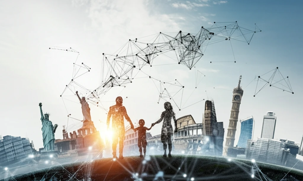 A digital illustration of interconnected family silhouette against a blend of international landmarks symbolizing global connection through technology.