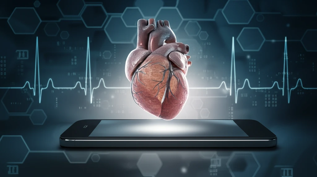 Smartphone displaying a glowing heart with ECG waveform.