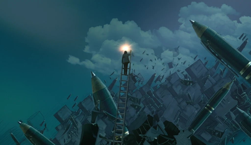 Person climbing mountain made of office supplies, symbolizing overcoming workplace challenges.