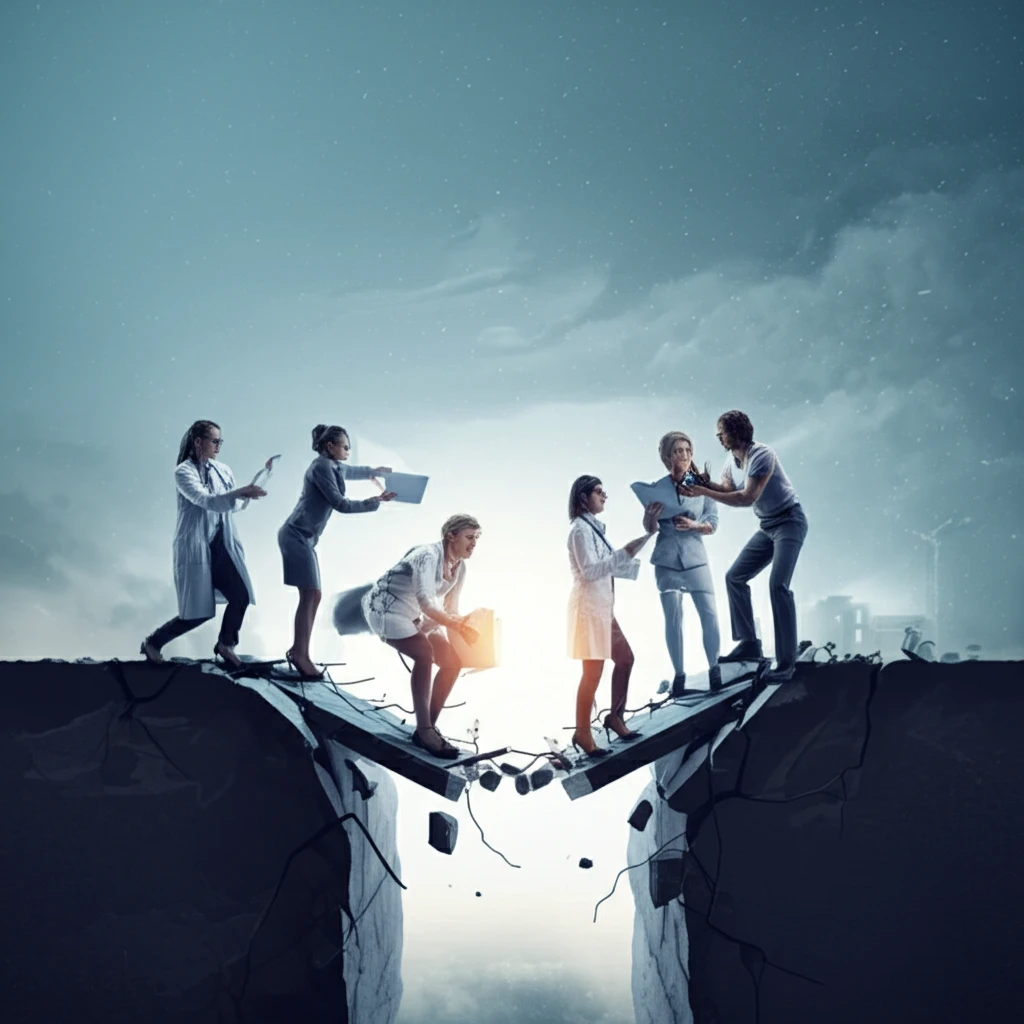 Diverse healthcare professionals collaboratively building a bridge.
