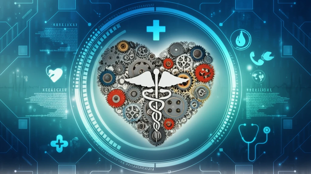 Interconnected gears forming a heart shape, surrounded by healthcare symbols, representing patient safety culture.