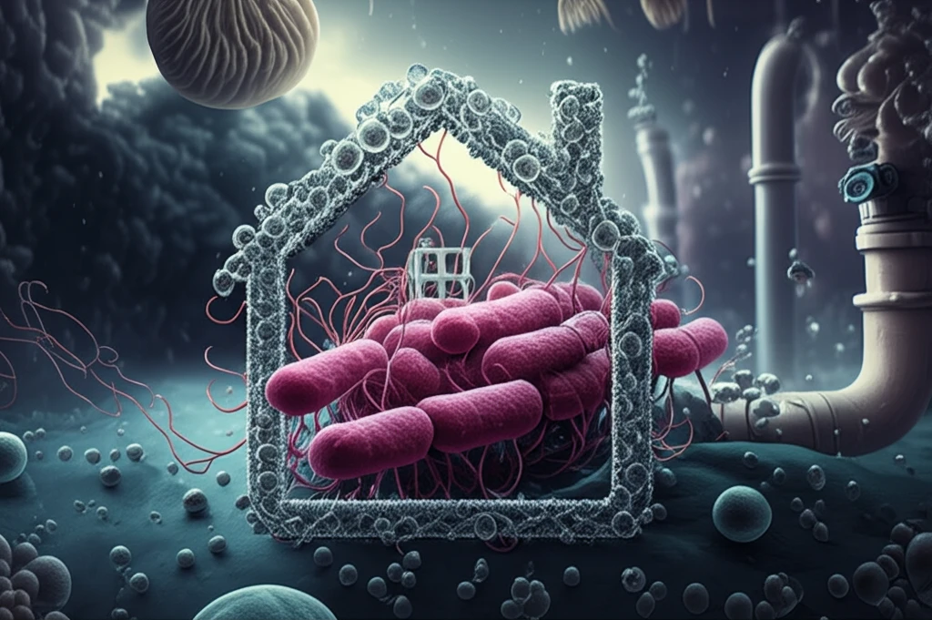 Surreal illustration of Legionella bacteria and protective water bubbles around homes representing water safety.