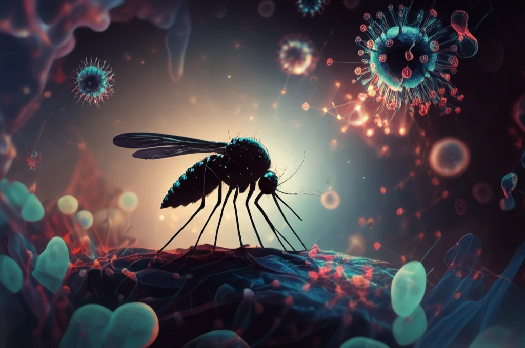 Surreal illustration of a mosquito against glowing molecular structures, representing viral RNA.