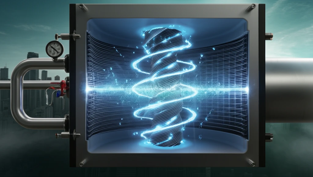 Nanofluids flowing through a heat exchanger, enhancing energy efficiency.