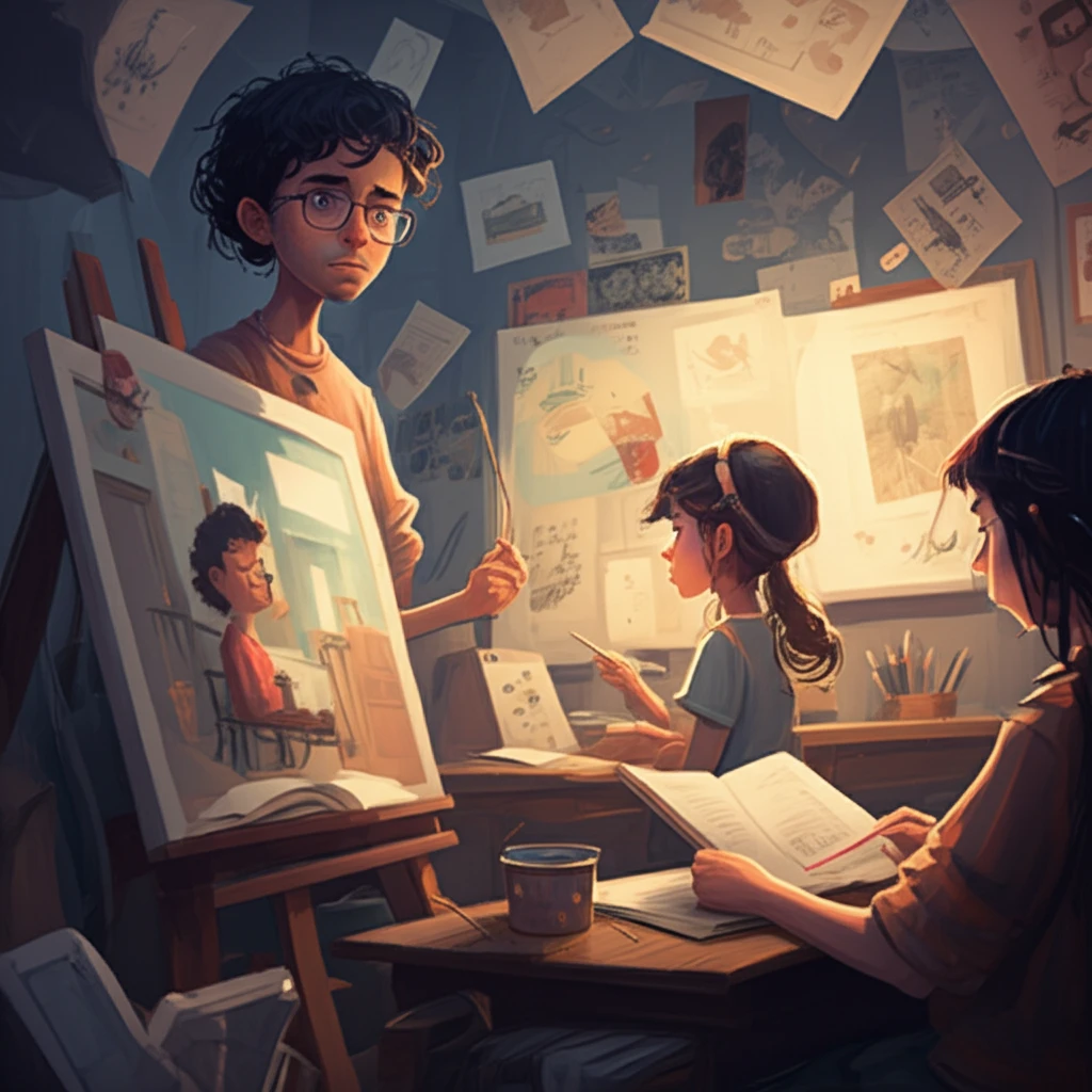 Students actively engaging with art in a classroom, symbolizing creative and intellectual growth.