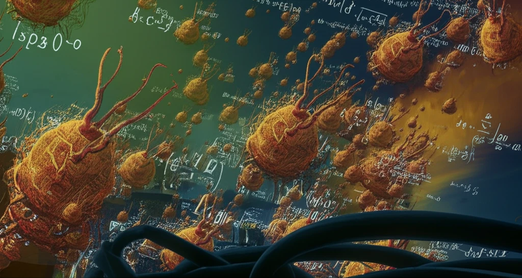 Surreal landscape of giant microbes with floating equations.