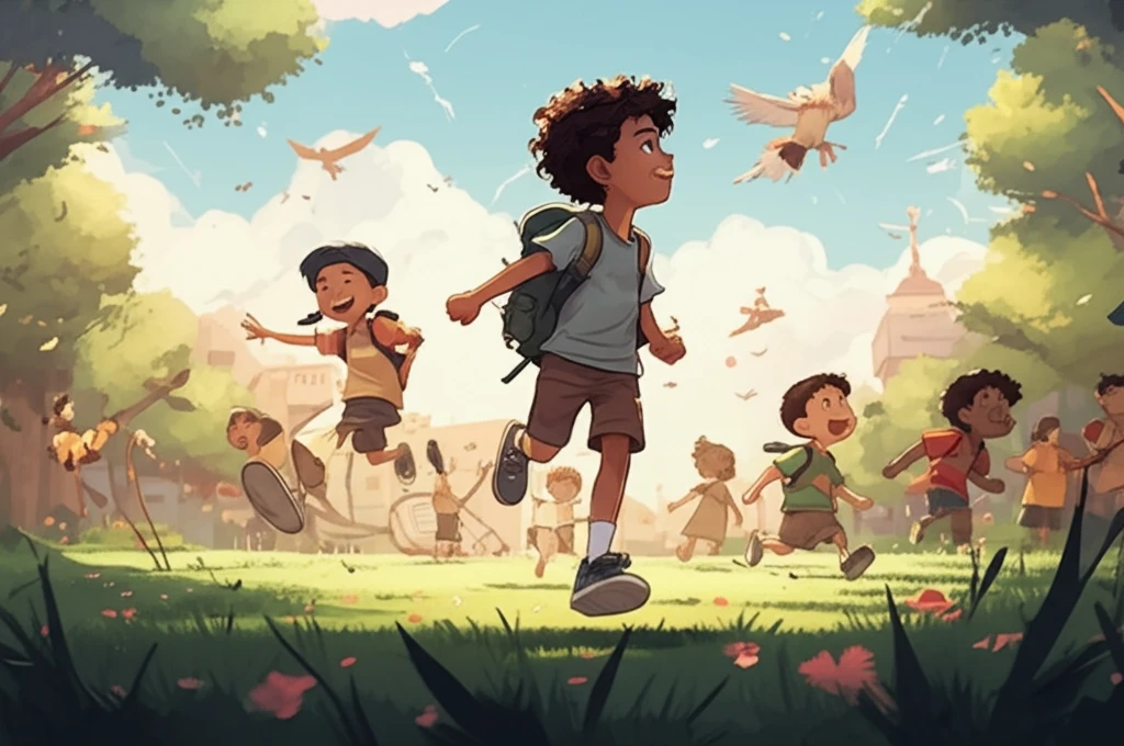Children happily playing in a park.