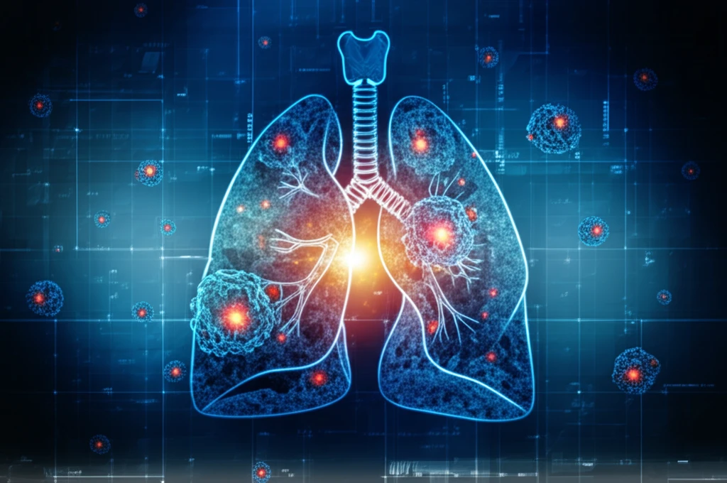 Surreal illustration of clusterin and neuropilin-2 biomarkers glowing within a stylized lung.