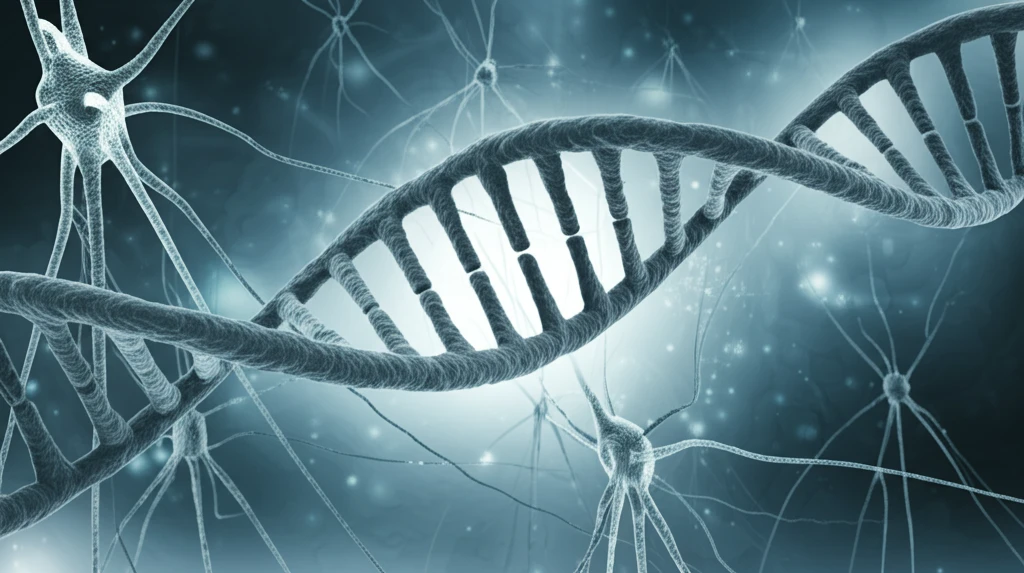 DNA strand intertwined with nerves representing fibromyalgia genetics
