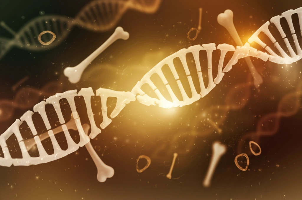 DNA strand intertwined with bone fragments, illuminated by golden vitamin D light.