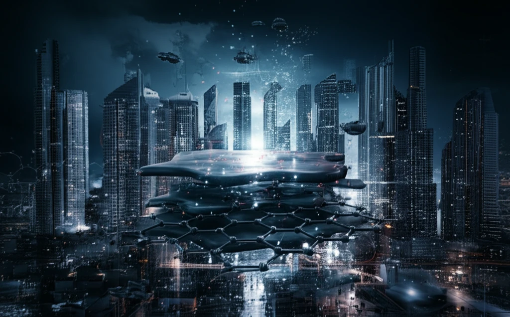 Futuristic cityscape with glowing graphene layers.