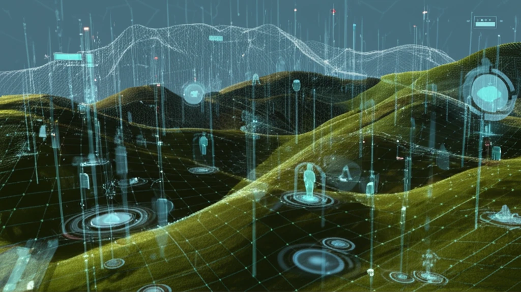 Rolling green hills with patchwork fields overlaid with digital data streams symbolizing interconnected agricultural practices and ecosystem services.