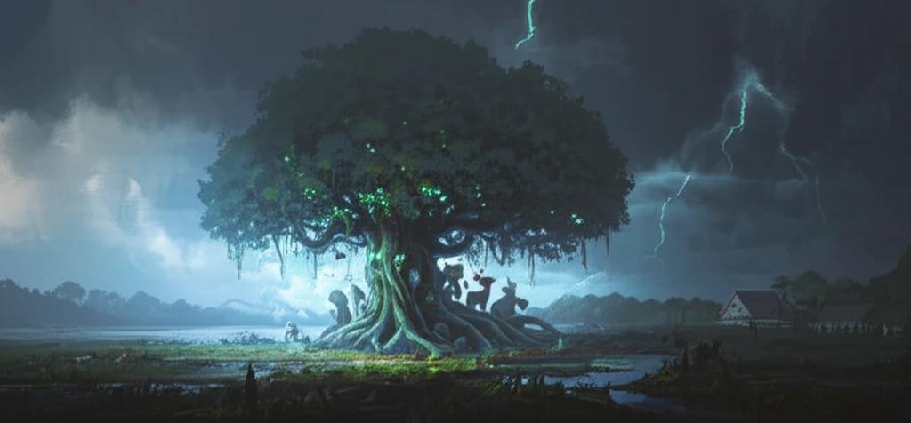 Lush forest protecting a village from a storm.