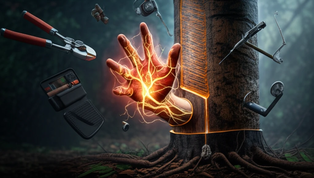 Surreal illustration of a hand trapped inside a rubber tree, symbolizing carpal tunnel syndrome.