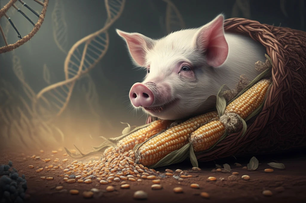 Pig feeding from a cornucopia of cDDGS with DNA strands in the background.