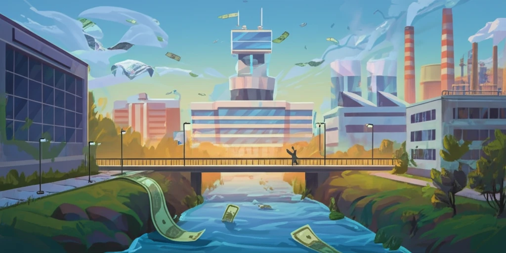 Surreal illustration of academia-industry collaboration and government funding.