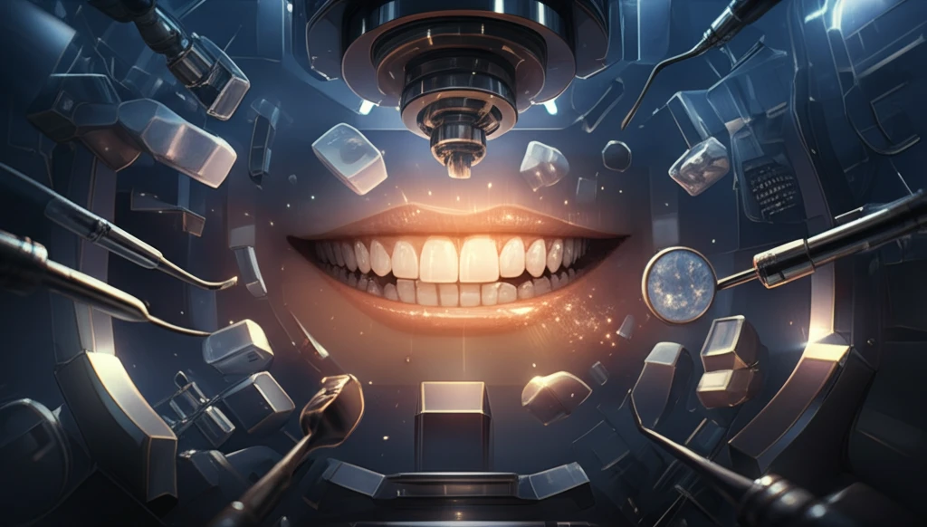 Radiant smile emerging from a CAD/CAM milling machine with dental tools and adhesive.