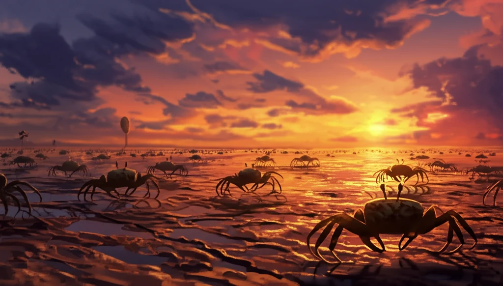 A soldier crab departs from the group on a tidal flat.