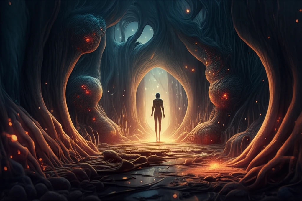 Radiant light symbolizing cancer remission through a complex network of tissues.