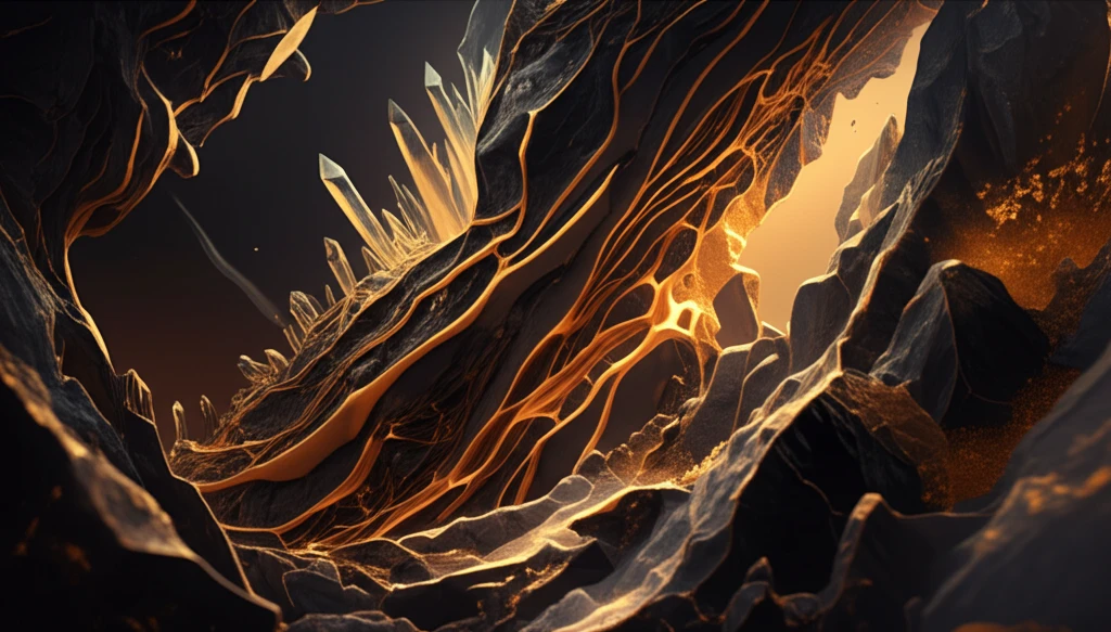 Microscopic view of bitumen flowing through rock formations.