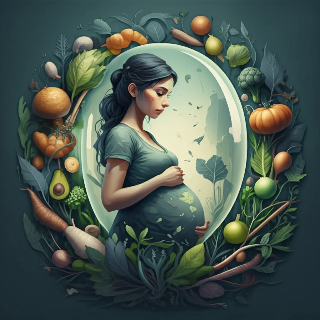 Pregnant woman protected from mercury with healthy food and a protective shield.