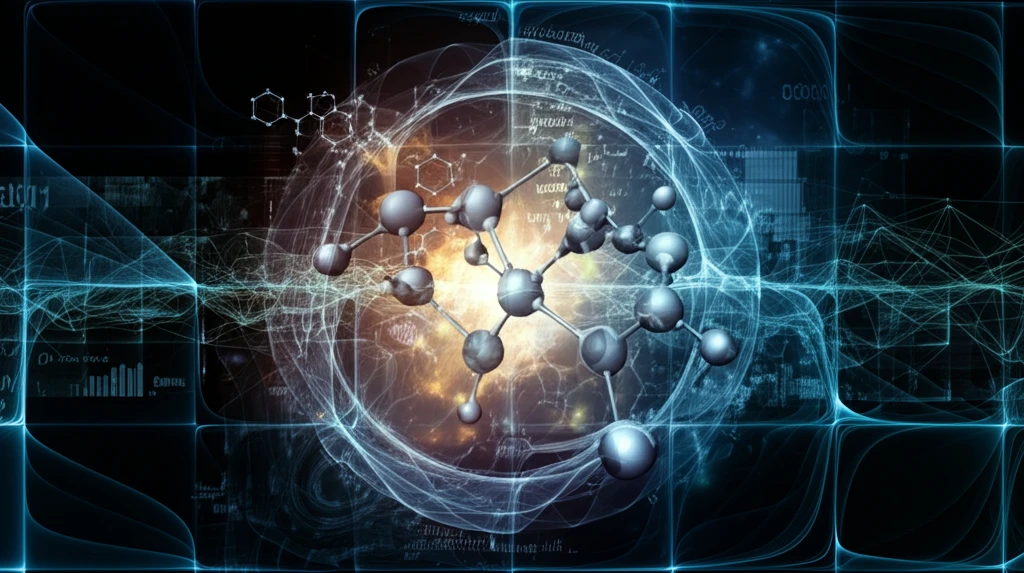 Molecular interactions visualized with glowing energy lines.