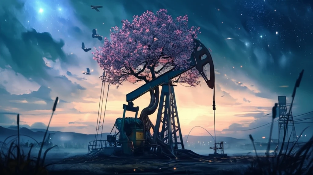 Oil derrick transforming into a tree, symbolizing efficiency and sustainability.