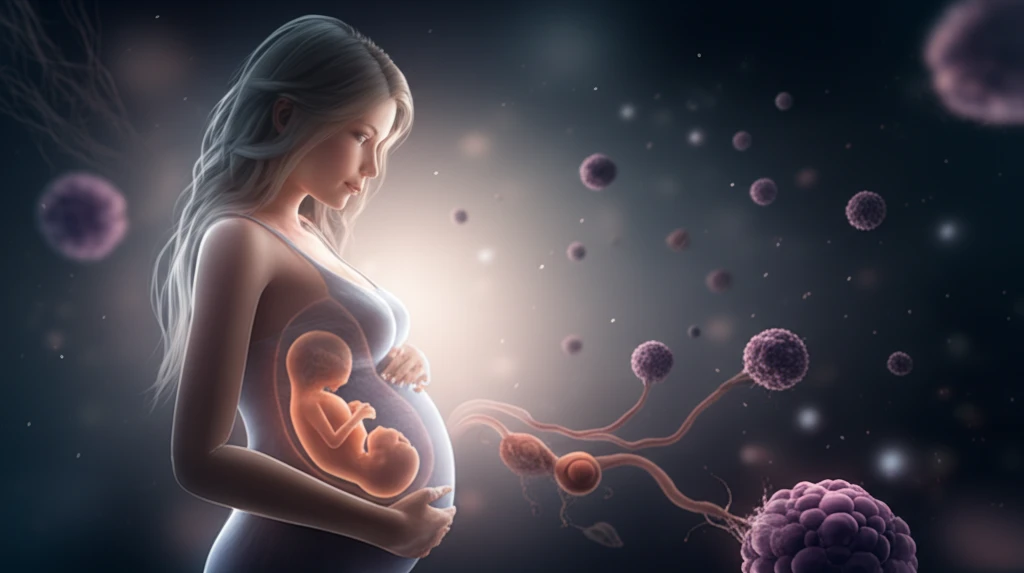 Illustration of a twin pregnancy showing a healthy fetus and a hydatidiform mole.