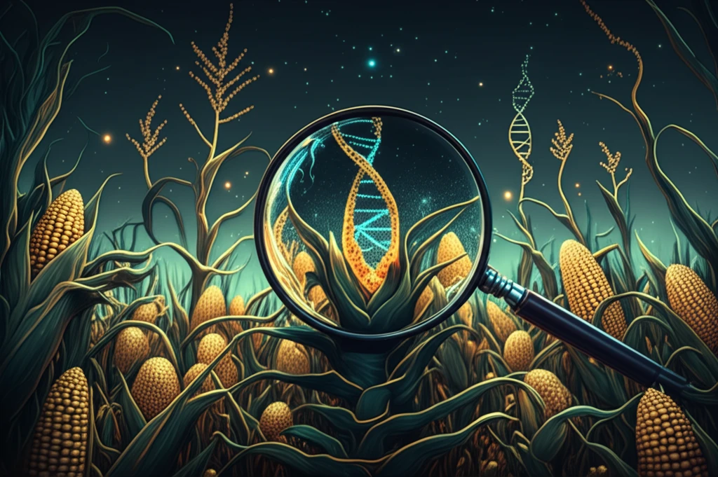 Surreal illustration of glowing DNA strands rising from a cornfield.