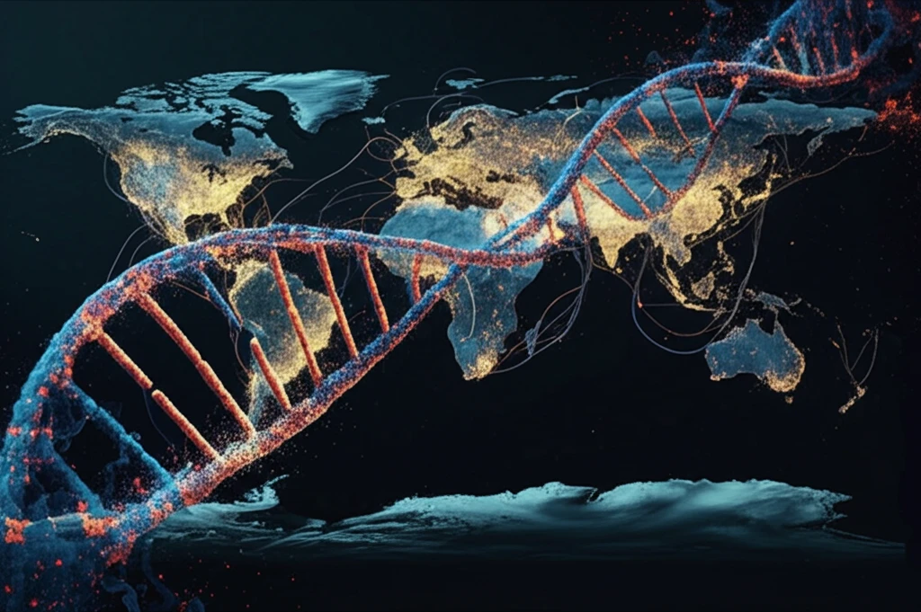 DNA helix intertwining with migration routes