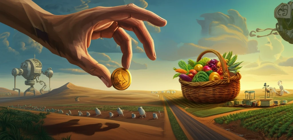A hand offers both cash and food, symbolizing the choices in aid delivery.