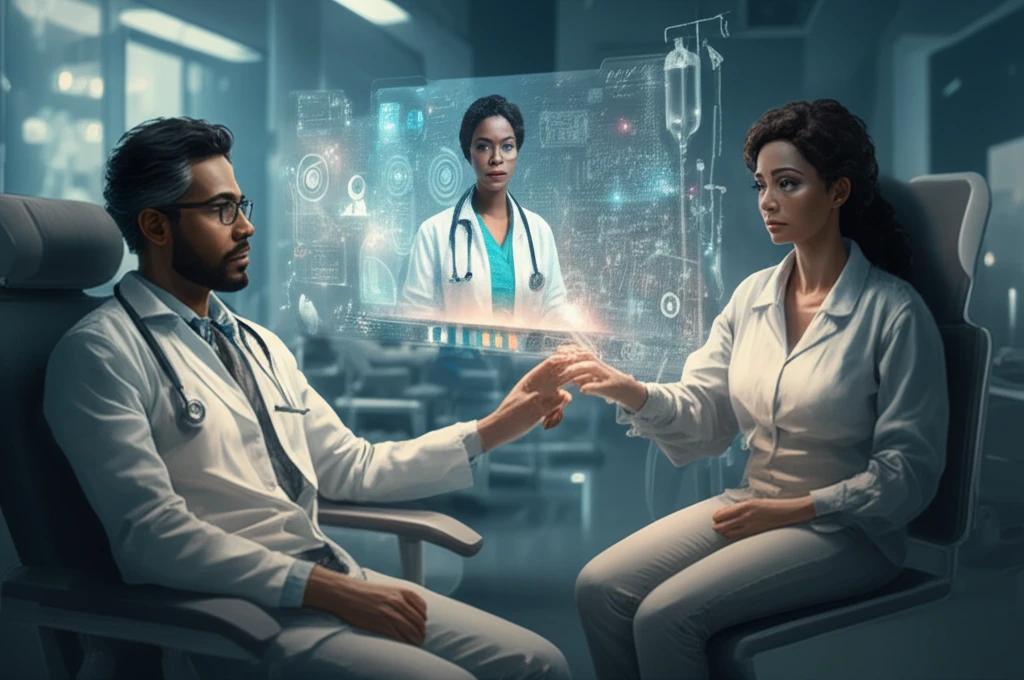Healthcare professionals collaborating remotely via holographic projections to assess a patient's skin condition.