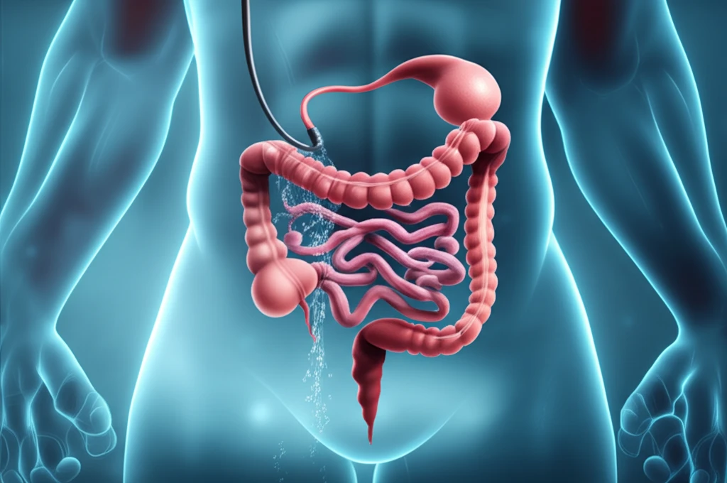 Surreal illustration of water exchange colonoscopy for pain-free screening.