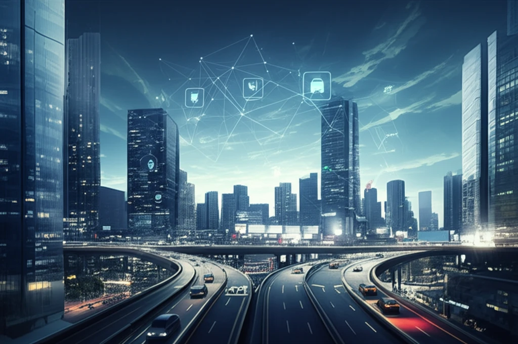 Futuristic city skyline with AI-optimized carpool network